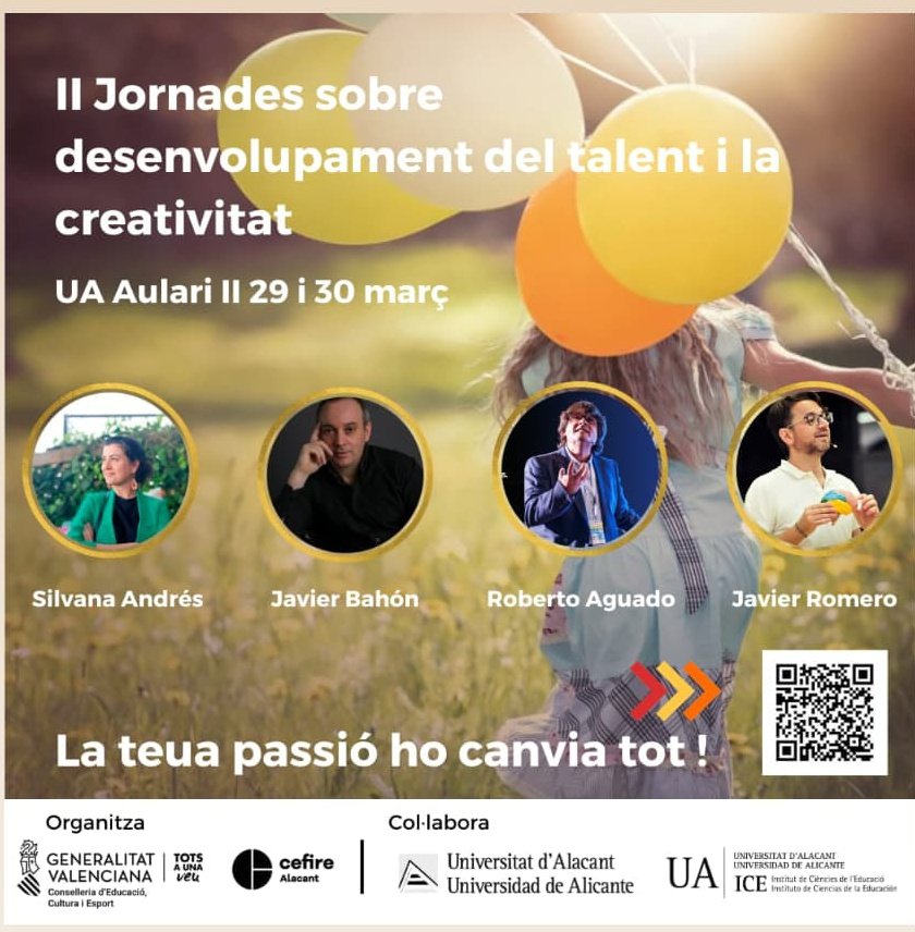En la Universidad de Alicante, tenéis las II Jornades de desarrollo del talento y creatividad, organizado por <a href="/GVA_Cefire/">Formació, Innovació i Recursos per al Professorat</a> de Alicante.Allí estaremos muchos compis que veis en el cartel. Os esperamos : cefire.edu.gva.es/sfp/index.php?…