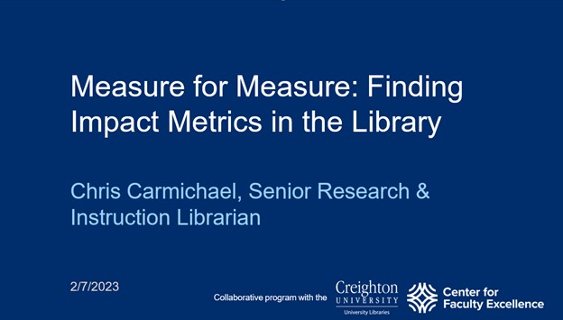 CreightonCFE's tweet image. Chris Carmichael, University Libraries, will lead a workshop Tues., Feb. 7; 2-3 p.m. CT/1-2 p.m. MT. 

Learn what kinds of metrics are available, where they can be found, and how to use the libraries’ resources to keep track of your impact. 

To register: blueq.co1.qualtrics.com/jfe/form/SV_9N…