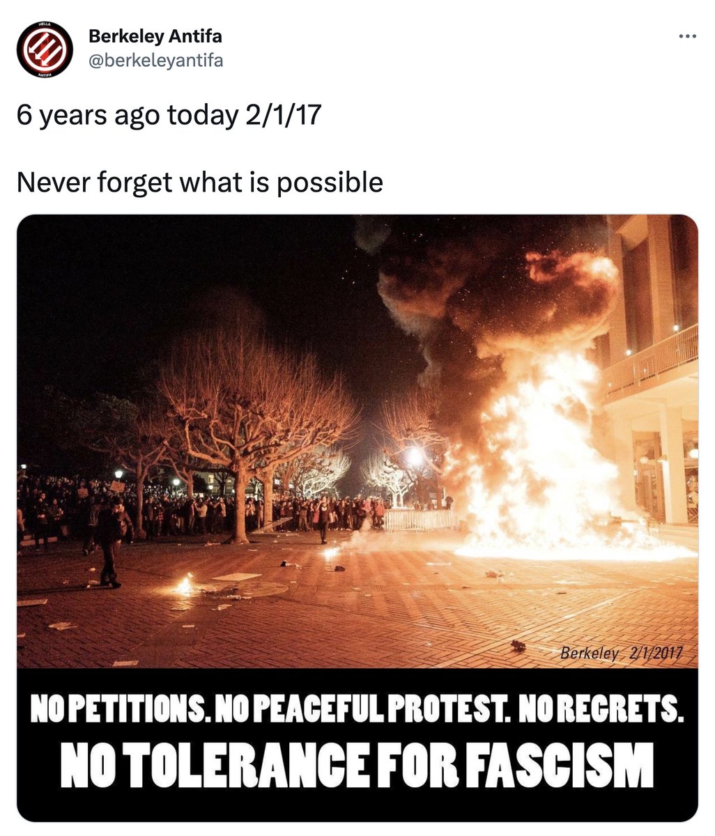 'No peaceful protest'

The Berkeley cell of #Antifa is both celebrating & inciting violence in a post commemorating an attack at Cal. It's among dozens of Antifa groups w/violent extremist Twitter accounts. cc: @elonmusk @ellagirwin
archive.is/trMIU
twitter.com/berkeleyantifa…