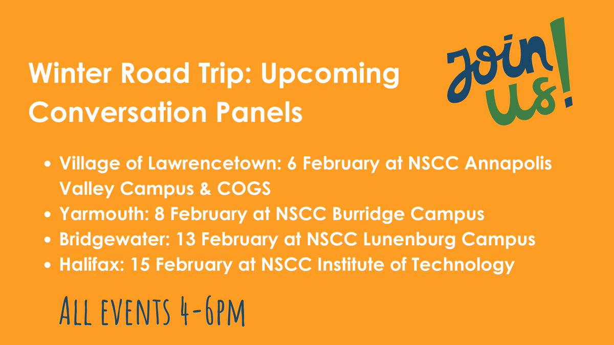 Thank you, @_researchNS and @ACIC for including our Winter Road Trip in your newsletters this week! Upcoming events are in: - Village of Lawrencetown on Feb 6 - Yarmouth on Feb 8 - Bridgewater on Feb 13 - Halifax on Feb 15 RSVP to your local event: eventbrite.com/cc/engage-nova…