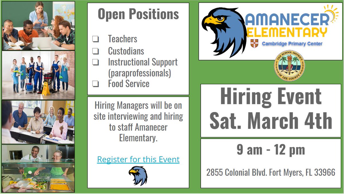 Amanecer Elementary is looking for talented employees to welcome students for the upcoming school year.  Our hiring event will be hosted at the Lee County Public Education Center.  Registration is strongly encouraged by clicking the following link:  forms.gle/svzkVh5BVKZn1y….