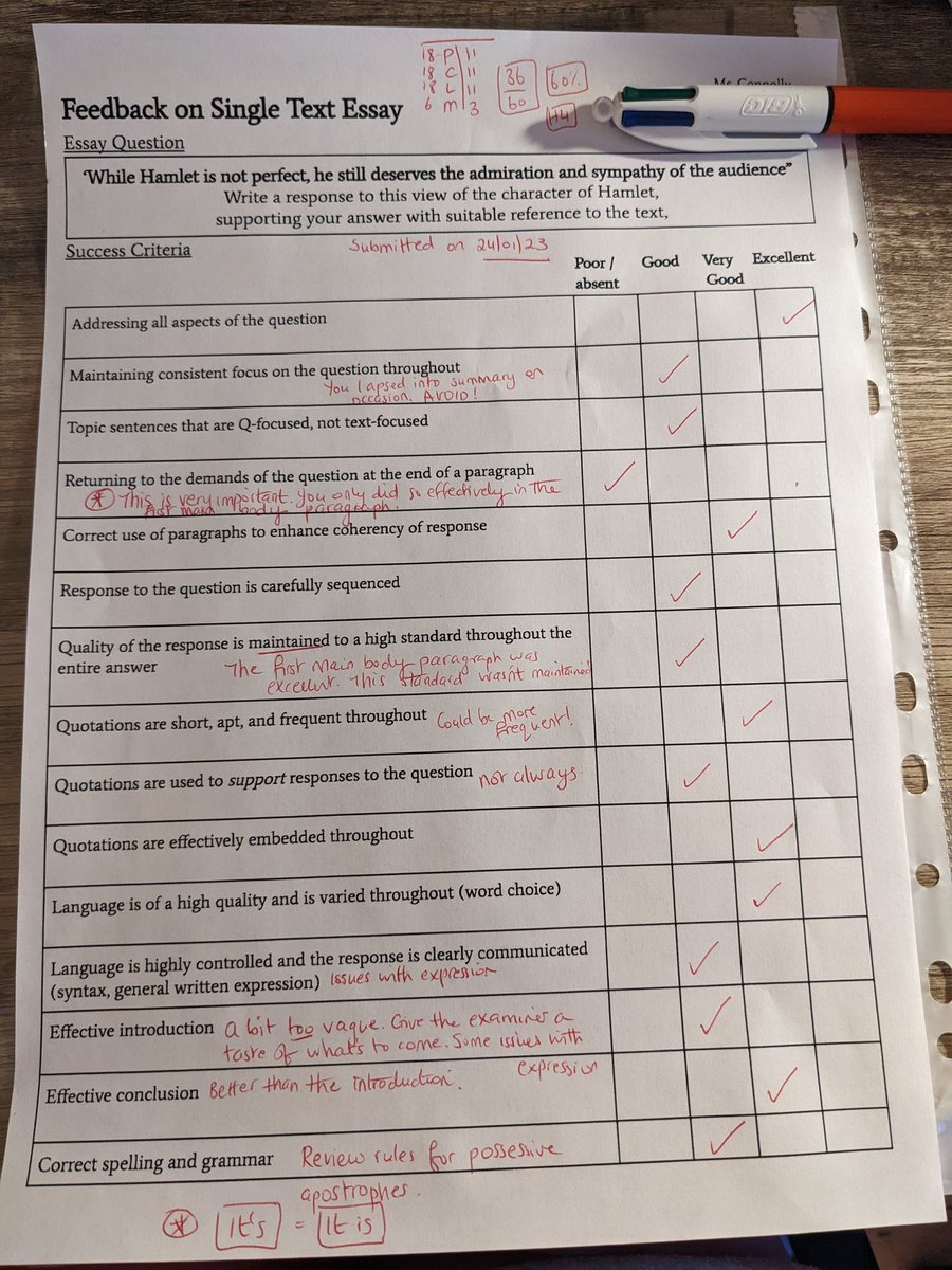 I posted a couple of weeks ago about a scaffolded approach to a 'Hamlet' essay to support the current 5th yr cohort. Here is an annotated PCLM-informed feedback sheet that will accompany returned essays..should help with Feb Assessment prep and goal-setting. #edchatie