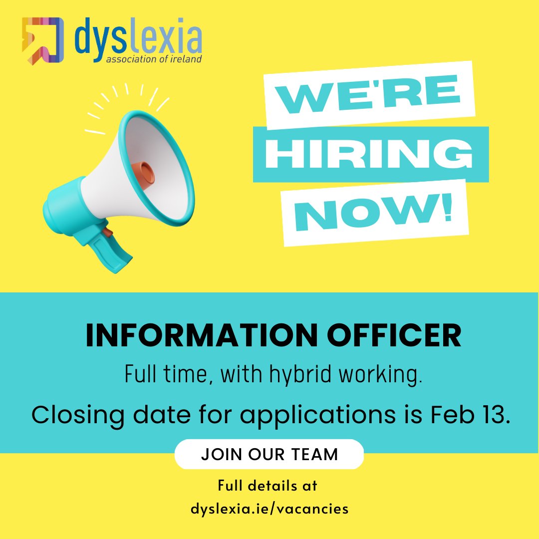 DyslexiaIreland's tweet photo. PLEASE SHARE - We're hiring! DAI is looking for an INFORMATION OFFICER to join our national office team. If you are passionate about making a difference for people with #dyslexia we’d love to hear from you! Full details at: https://t.co/ai2KBxqQqb
#JobFairy https://t.co/rZlDV1DORM