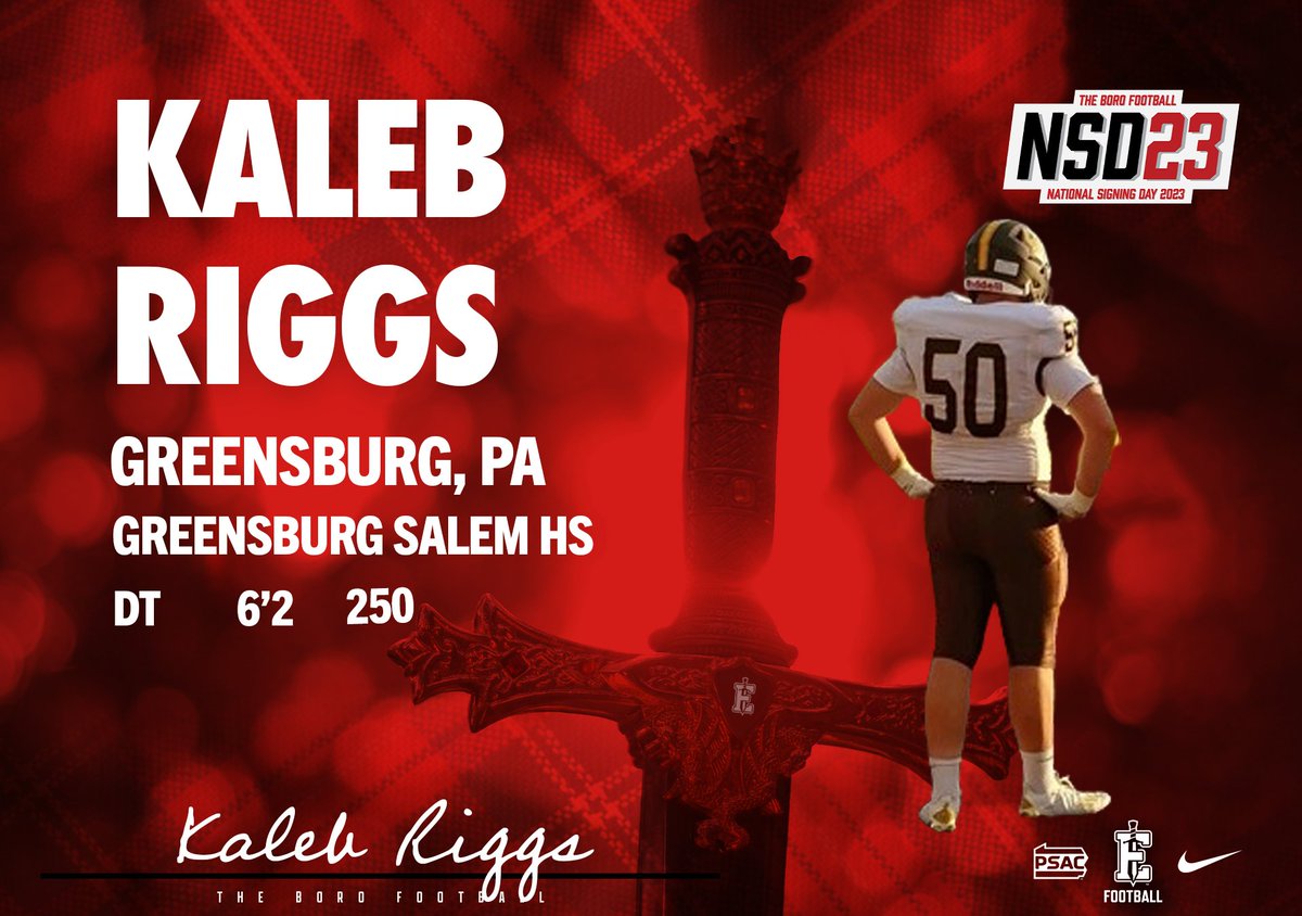 EdinboroFB's tweet photo. Welcome to #THEBORO!

Defensive Tackle Kaleb Riggs (@KalebRiggs3) !

🏫 Greensburg Salem High School

📍 Greensburg, PA

📽 https://t.co/xKcOYORTwV

#NationalSigningDay2023 https://t.co/ql7vrLSKGB