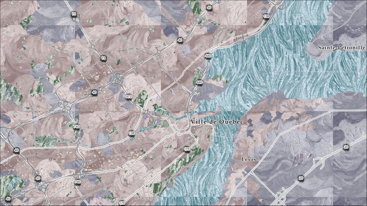 CommunityMapCA's tweet photo. Using the #Esri Vector Tile Style Editor, land use, water bodies, and parks of the #CommunityMapofCanada are symbolized with different #vanGogh paint textures. Dark paint smudges symbolize cities, trees, and highway numbers.🖌️🌻See more styles at https://t.co/yMpchoAdiE 🗺️ (2/2) https://t.co/mBwmJE2ndU