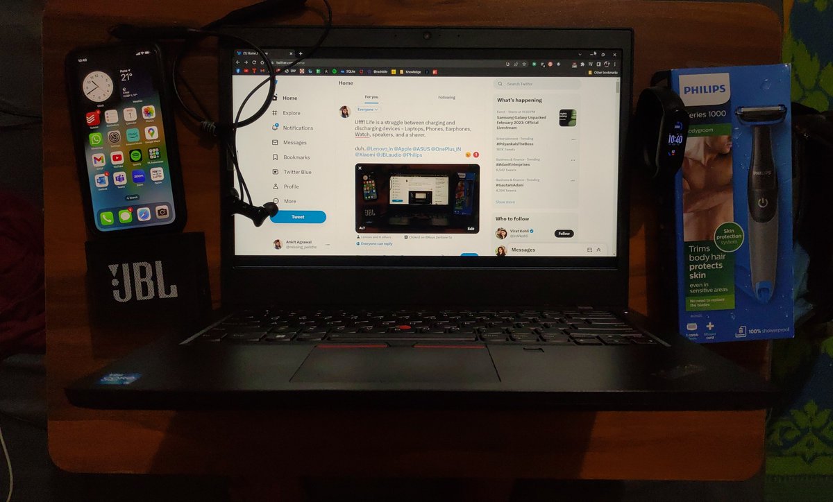 missing_palette's tweet photo. Ufff! Life is a struggle between charging and discharging devices - Laptops, Phones, Earphones, Watch, speakers, and a shaver.

duh..@Lenovo_in @Apple @ASUS @OnePlus_IN @Xiaomi @JBLaudio @Philips 

#gadgets #TweetinTweet https://t.co/hc912vtKFD