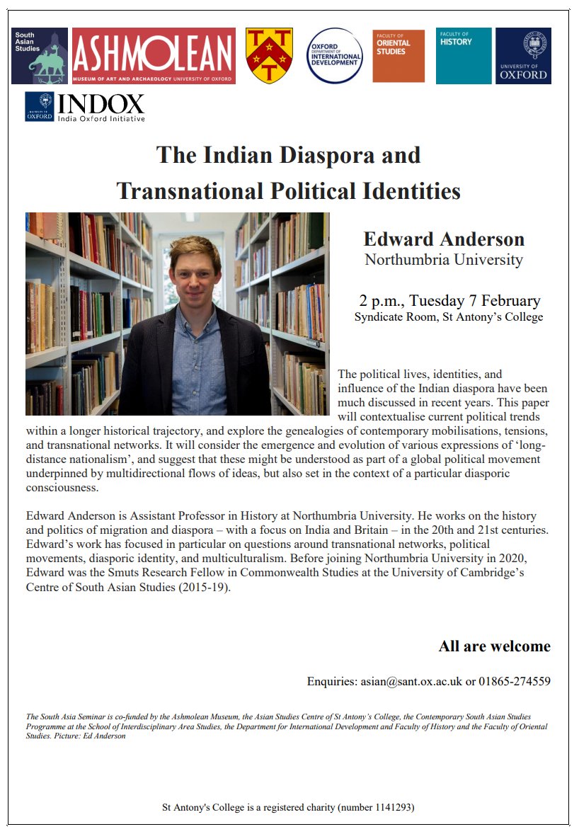 Looking forward to the next @CSASPOxford @AsianStudies_Ox Modern South Asian Studies Seminar this coming Tuesday, with @edanderson101 on 'The Indian Diaspora and Transnational Political Identities'.