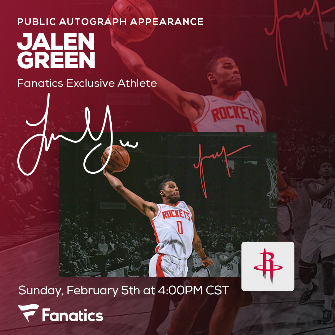 Jalen Greenš¤ (@jalengreen) on Twitter photo What's up <a href="/HoustonRockets/">Houston Rockets</a> fans, I will be meeting fans and signing autographsāš¾at <a href="/TRISTAR1/">TRISTAR Productions</a> in Houston, TX on Sunday, Feb. 5th at 4:00pm CST! #FanaticsExclusive
To buy tickets and learn more visit tristarproductions.com/houston/ticket⦠What's up <a href="/HoustonRockets/">Houston Rockets</a> fans, I will be meeting fans and signing autographsāš¾at <a href="/TRISTAR1/">TRISTAR Productions</a> in Houston, TX on Sunday, Feb. 5th at 4:00pm CST! #FanaticsExclusive
To buy tickets and learn more visit tristarproductions.com/houston/ticketā¦