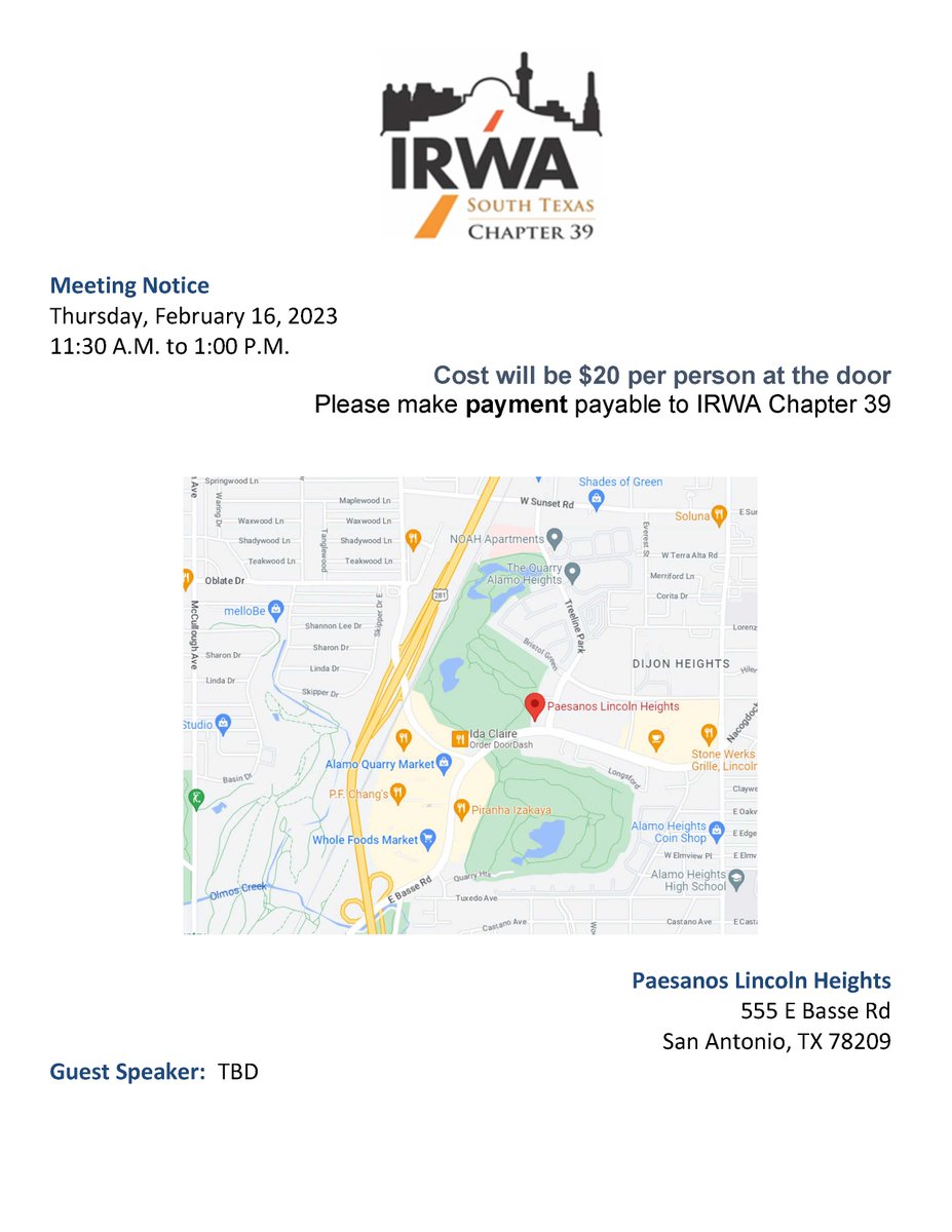 irwa_chapter39's tweet photo. Join us for our February Chapter meeting on Thursday, the 16th! 
#IRWA #Chapter39 #rightofway #networking https://t.co/Wwee0P02Df