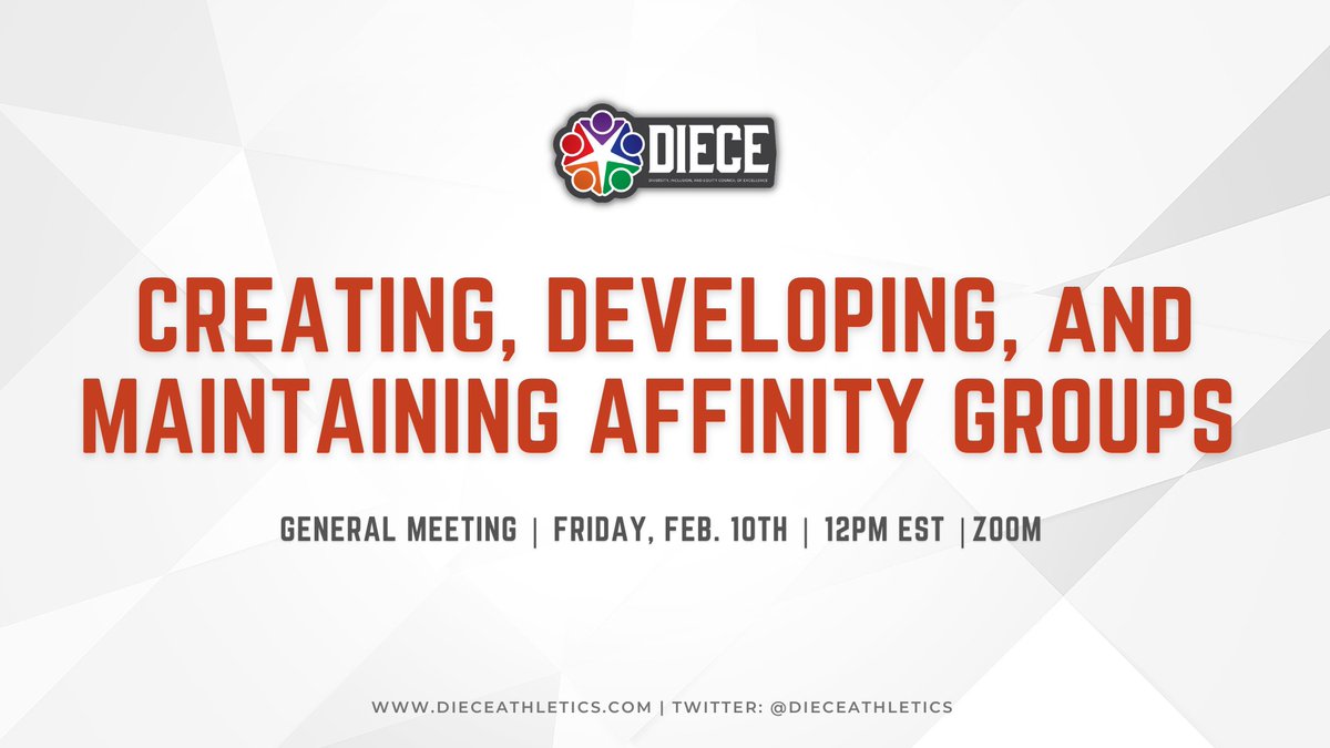 𝗚𝗘𝗡𝗘𝗥𝗔𝗟 𝗠𝗘𝗘𝗧𝗜𝗡𝗚
⏰ Friday, Feb. 10 | 12 p.m. EST | ZOOM

Join us as we discuss the value of identity-based programming to meet the unique and holistic needs of college athletes.

#DIECEFridays