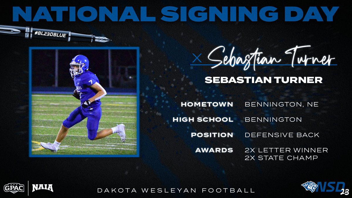 We are excited to announce Sebastian Turner to the Dakota Wesleyan Tiger Family! The newest addition to The Dark Side!
#BL23DBLUE #LeaveALegacy