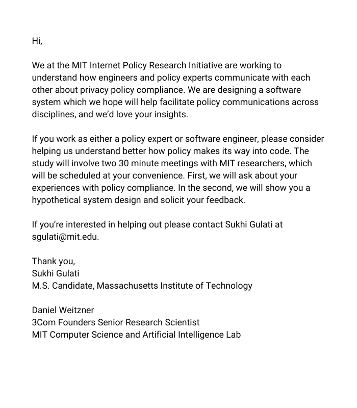 sukhigulati's tweet photo. ! Recruiting Study Participants !

My lab @ MIT is looking to talk to software engineers and policy experts to learn more about policy compliant code. If you know anyone who might be interested in helping, please reach out.

Study details: https://t.co/AQeZ8s6aLC