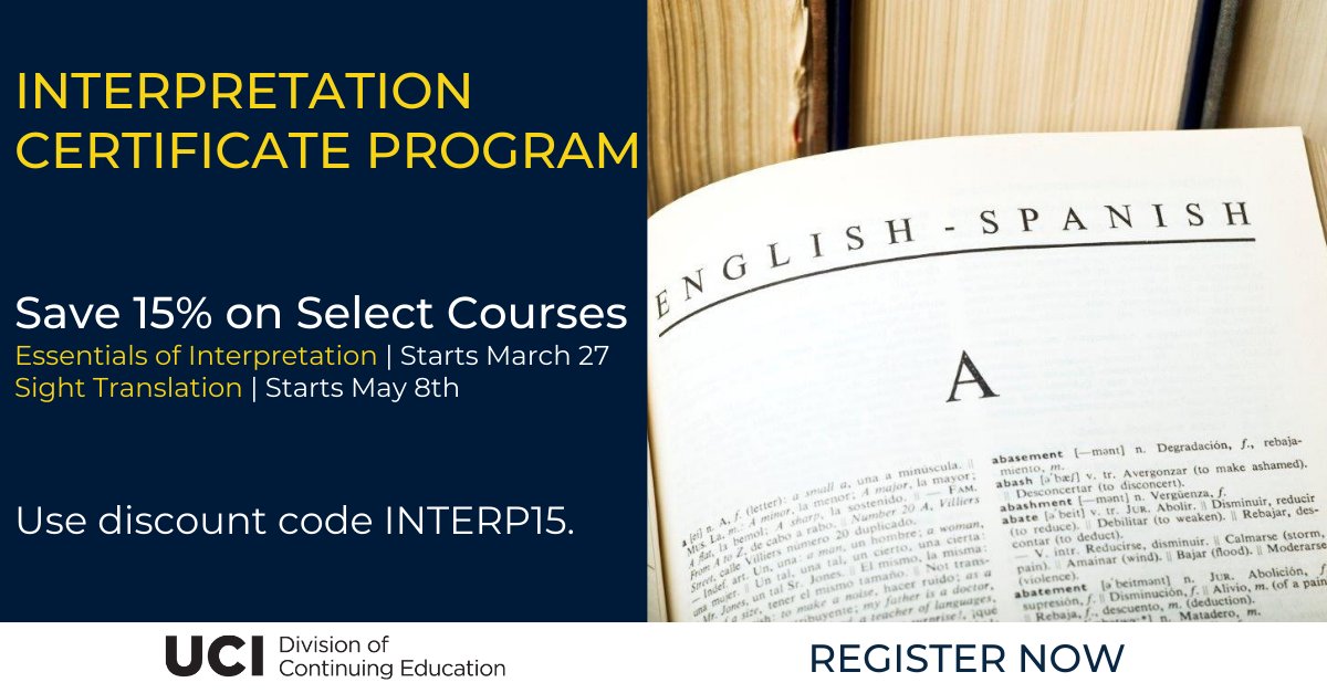 Save 15% on Interpretation courses. Enroll now and save on Essentials of Interpretation and Sight Translation courses. Use discount code INTERP15. 
bit.ly/3wNxM1k

Listen to our Webinar to learn more. 
bit.ly/3HiukAs