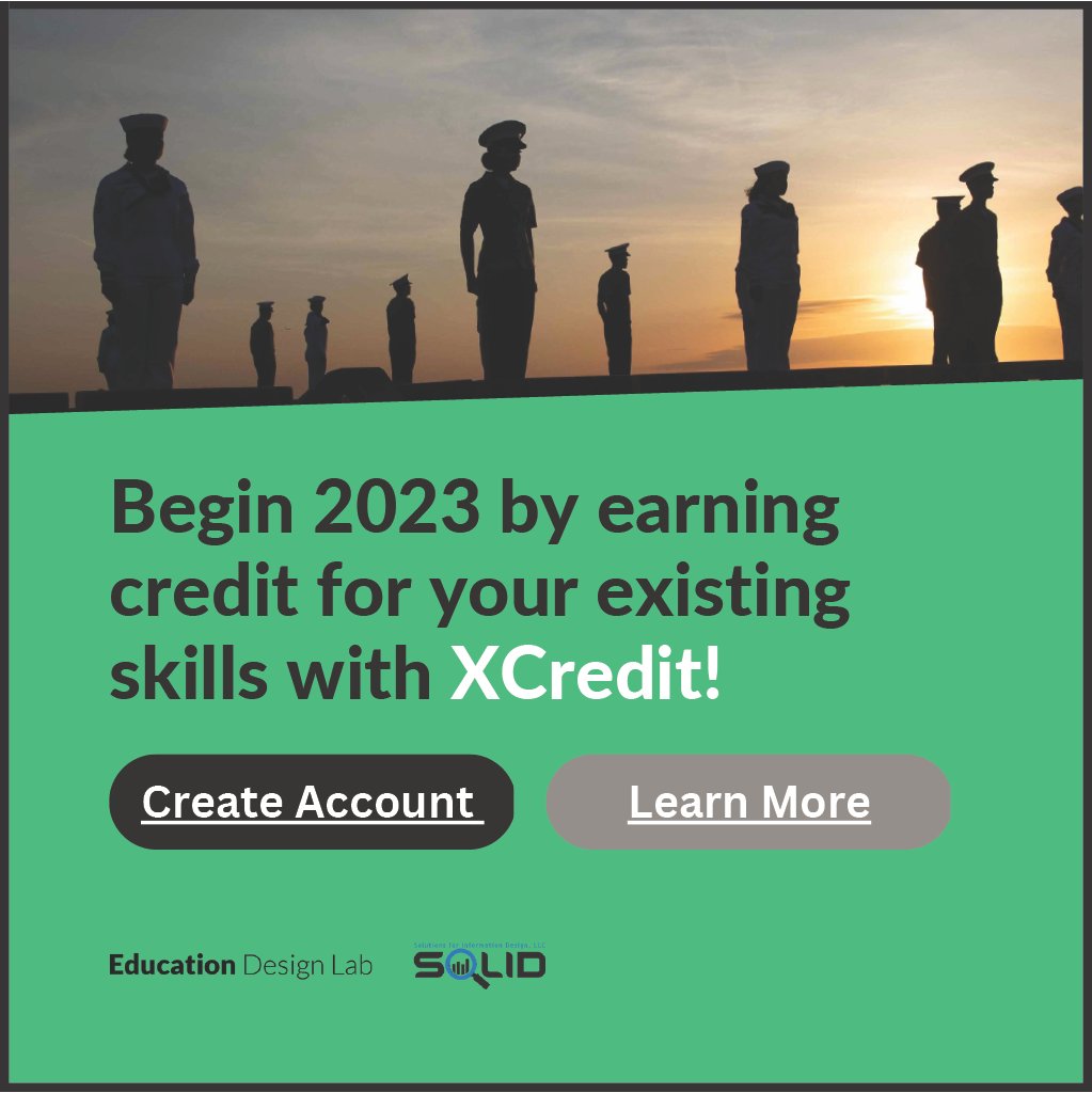 We're excited to launch the #XCredit - Military Jobseeker Pilot w/ @eddesignlab! Participants earn #digitalbadges for the 21st Century Skills gained during their #military service and beyond. To participate: xcredit.solidpilot.com Learn more: tinyurl.com/xcredit-mjsp