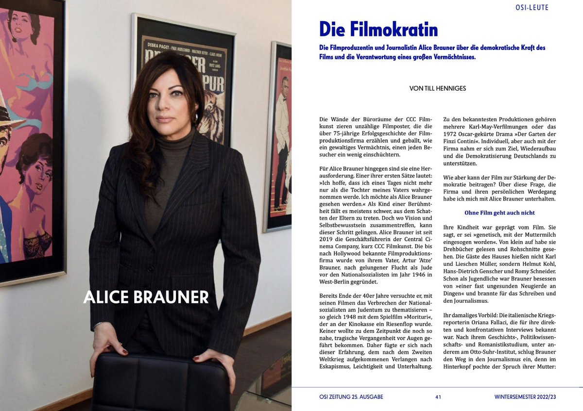 Filmproduzentin Alice Brauner setzt auf die demokratische Kraft des Filmes. @Till_Henniges hat sie für die @OSI_Zeitung porträtiert. Den vollständigen Artikel findet man hier: polsoz.fu-berlin.de/polwiss/news/_…