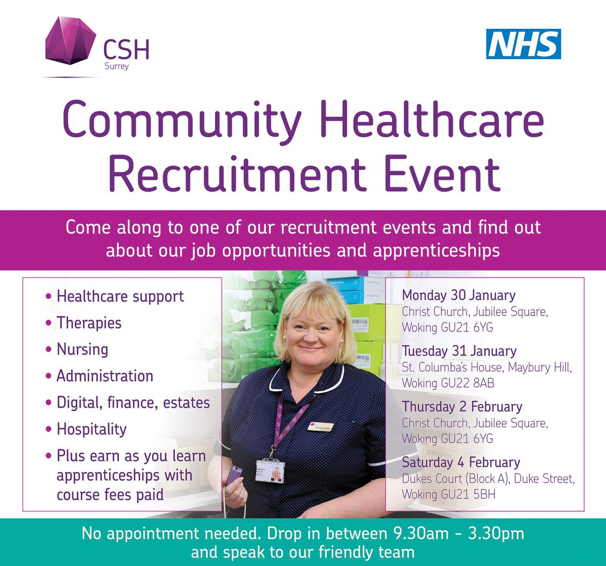 Our community healthcare recruitment events continue tomorrow at Christ Church, Jubilee Square, Woking.
Come and speak to us about our great job opportunities and our 'earn as you learn' apprenticeships. 
Find out more 👉 bit.ly/3ZEb9JU
#Careers #apprenticeships #nhs