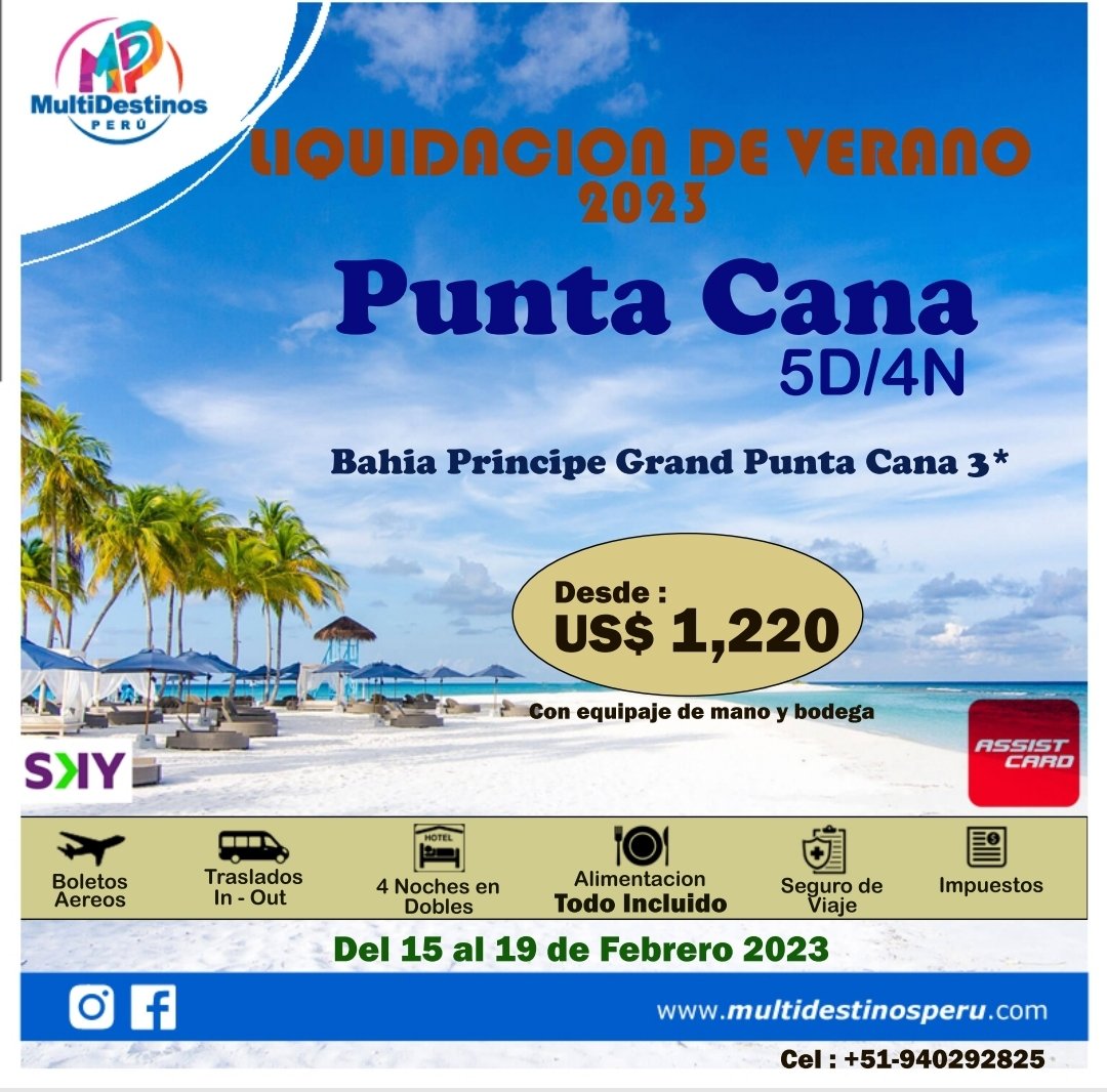Oferta de Paquete Turistico a Punta Cana con Multidestinos Peru.
#ofertasdeviaje #paquetesturisticos