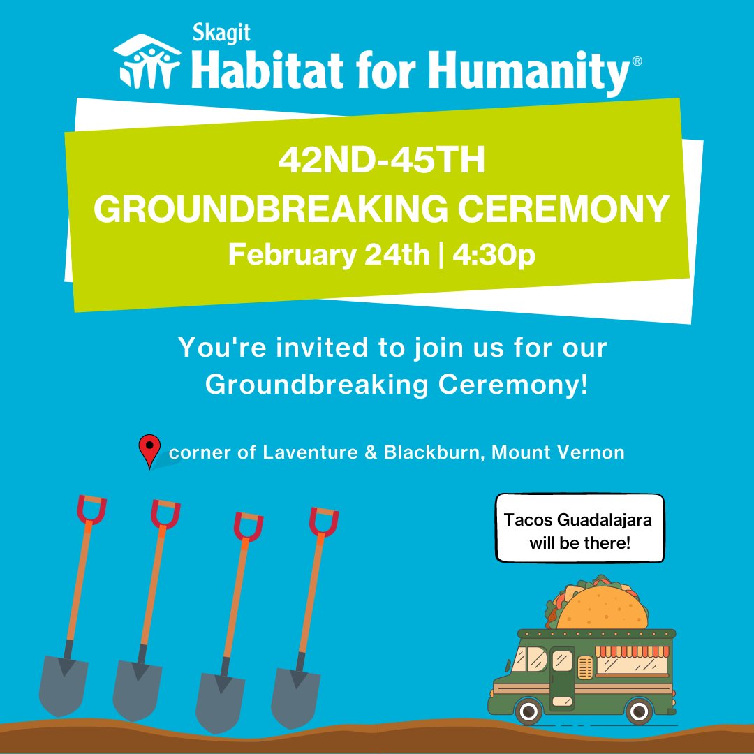 SHFHS's tweet photo. #SkagitHabitat is excited to announce our 42nd-45th #GroundbreakingCeremony! We'll be breaking ground on four new homes in Mount Vernon, and this will be our first time building more than two homes in one year. Join us for a celebration of homes, community, and hope! https://t.co/aMnAwQ2aZf