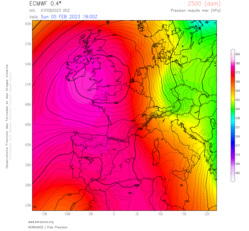 Forte poussée anticyclonique attendue ce week-end entre la France et les îles britanniques où des pressions > 1045 hPa sont attendues. 
Ces valeurs sont à moins de 5 hPa des records nationaux respectifs. 