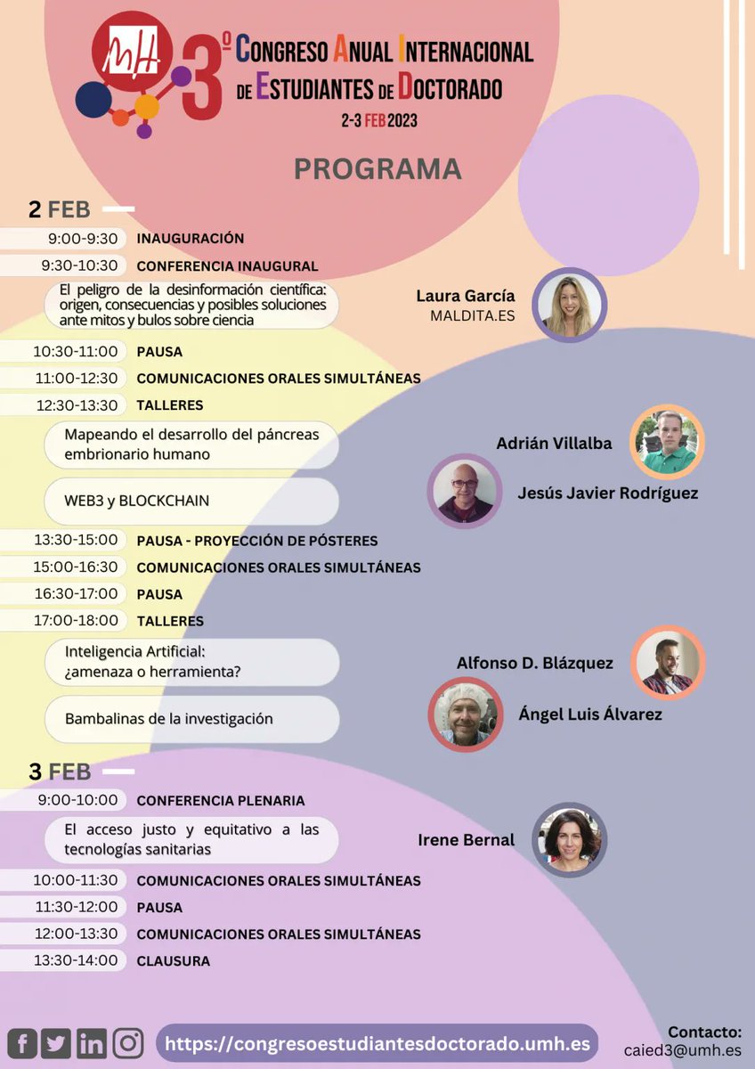 asociacionruvid's tweet photo. 💻 02 y 03 de febrero 📅 III Congreso Anual Internacional de Estudiantes de #Doctorado UMH ##CAIED https://t.co/BizrPRDA3j
🎯 Favorecer el encuentro e intercambio interdisciplinar de conocimiento científico entre estudiantes de doctorado de universidades españolas y extranjeras https://t.co/79IBwAnQAV