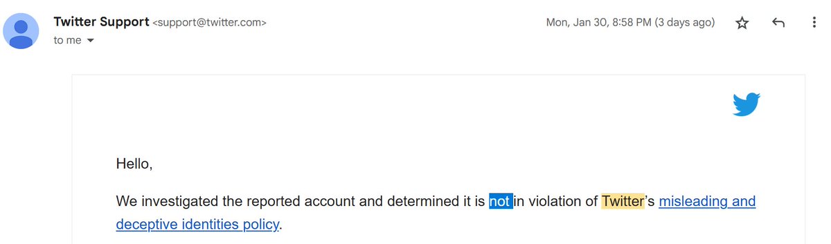 Scammer pretending to be me but only switching a single letter?

Good think I'm paying for Twitter Blue to verify my identity!

Oh wait, apparently the impersonator is "not in violation of Twitter"?🤦Carry on then

What am I even paying for?