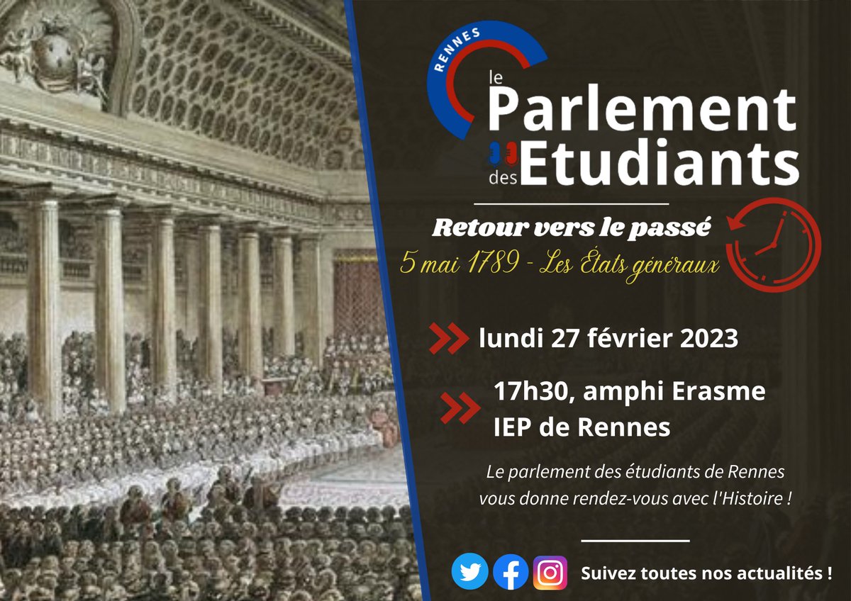 PE_Rennes's tweet photo. 🔵🔴 Le parlement des étudiants vous convoque aux Etats généraux du royaume de France !

Toutes les informations via notre lien d'inscription disponible en bio 😉 https://t.co/LvBI7fDh5l