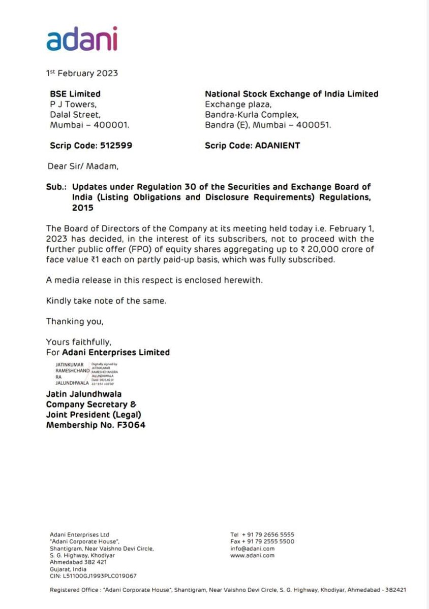 Bulls_Stocks's tweet photo. Adani Enterprises has withdrawn its FPO. Money will be returned to investors.

#AdaniEnterprises #Adani #Bulls_stocks https://t.co/EtesJdBiKy
