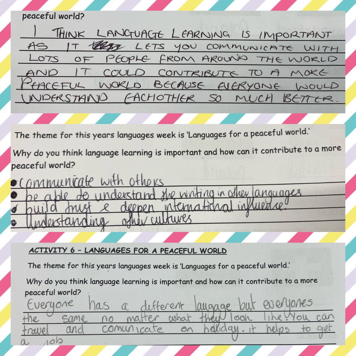 SSHS_ModLangs's tweet image. “Peace is the language we must speak.” - Pope Francis
We have been discussing the importance of language learning and how it can contribute to a more peaceful world this week! Here are some examples of our ideas! #ScotlandLovesLanguages
@StStephensHS @DavidKillin
