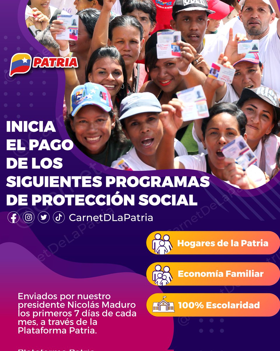 CarnetDLaPatria's tweet photo. #ATENCIÓN El #SistemaPatria informa que, inicia el pago de los siguientes programas especiales: 
✓Hogares de la Patria
✓Economía Familiar
✓100% Escolaridad
Enviado por nuestro Pdte. @NicolasMaduro, a través de la #PlataformaPatria.

#ElPuebloSufreLasSanciones #1Feb https://t.co/UVgmSs0tQk