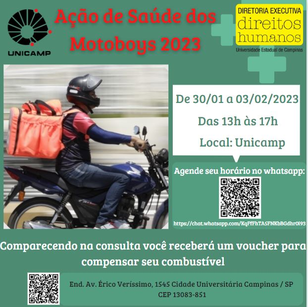 AgendaUnicamp's tweet photo. A Diretoria Executiva de Direitos Humanos (#DeDH) da Unicamp promove, de 30/01 a 03/02, das 13h às 17h, uma campanha de saúde com entregadores de serviços por aplicativos (motoboys). Leia mais:
https://t.co/BGEP3lXwNX
#AgendaUnicamp #Unicamp #Eventos https://t.co/QTZHysv8YZ