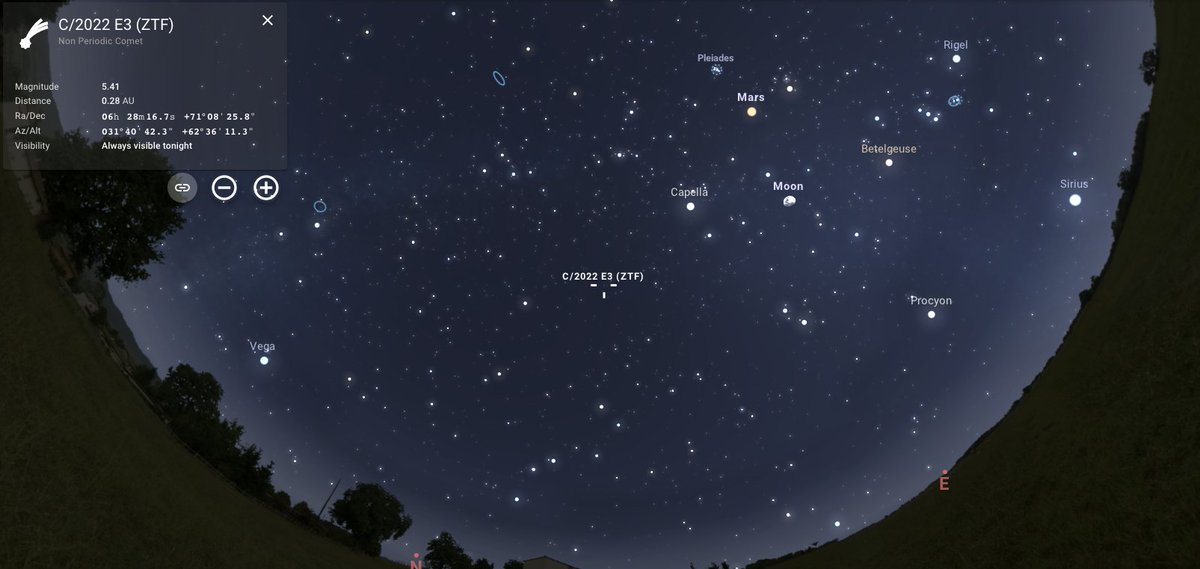 The #GreenComet (Comet 2022 E3) will make its closest pass to Earth tonight since the Ice age (50,000 years ago). 

Look for a white smudge in the sky, towards the northwest horizon during the early hours.

Give yourself 15 minutes for your eyes to adjust

stellarium-web.org/skysource/C/20…