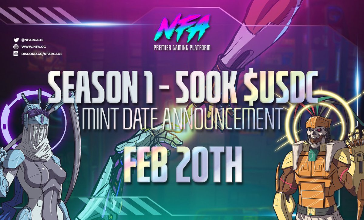 Non Fungible Arcade (@nfarcade) on Twitter photo Official NFArcade Season 1 Mint Date - FEB 20TH 🗓️
🎟️Supply - 4000
🪙Price - 250 $USDC
🏆 500K $USDC Prize Pool
WIN A SEASON 1 PASS FOR YOU & 3 FRIENDS 🫡
Like 💙 QRT 🔁 & Tag 3 Friends 🌐
Follow <a href="/NFArcade/">Non Fungible Arcade</a>
Join our Discord 👇
discord.gg/nfarcade Official NFArcade Season 1 Mint Date - FEB 20TH 🗓️
🎟️Supply - 4000
🪙Price - 250 $USDC
🏆 500K $USDC Prize Pool
WIN A SEASON 1 PASS FOR YOU & 3 FRIENDS 🫡
Like 💙 QRT 🔁 & Tag 3 Friends 🌐
Follow <a href="/NFArcade/">Non Fungible Arcade</a>
Join our Discord 👇
discord.gg/nfarcade