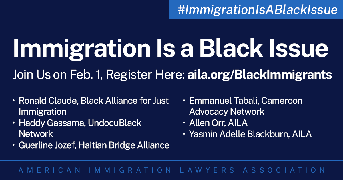 Every day is Black History Month. 

Timely conversation on the growing population of Black immigrants, the unique challenges we face, our legal needs & opportunities to grow political power.

Today at 10am PST / 12p CST / 1p EST aila.org/BlackImmigrants

#ImmigrationIsABlackIssue