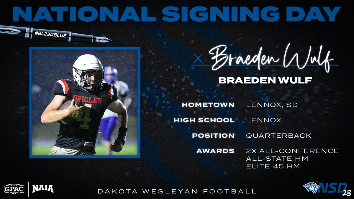 We are excited to announce Braeden Wulf to the Dakota Wesleyan Tiger Family! The newest addition to The Ambush!
#BL23DBLUE #LeaveALegacy