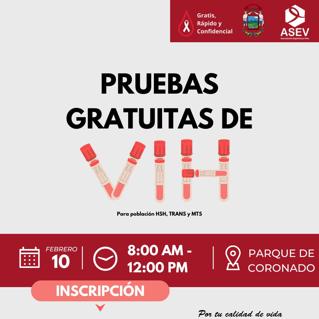 AsevOficial's tweet photo. ⚠️Atención Coronado y alrededores⚠️ estaremos realizando pruebas gratuitas de VIH, el próximo 10 de febrero en el parque de Coronado 😎 para reservar un espacio pueden hacerlo a través del link https://t.co/V51V7Zu2fy
#VIHCR #Coronado #PorTuCalidadDeVida #AsociaciónEsperanzaViva https://t.co/1exogPTH0u