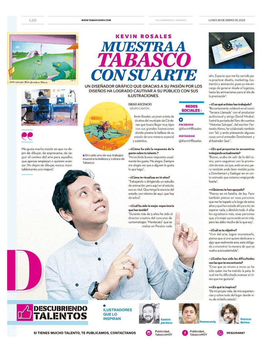 🚧El #periódico #Tabasco HOY le hizo este generoso especial a nuestro #ilustrador estrella: @KevinHRosales 😎
👉🏼Conoce el trabajo de este talento #tabasqueño, que además de ilustrar las páginas de Tercera llamada  también es comunicador, #diseñador y #motion grapher🔥