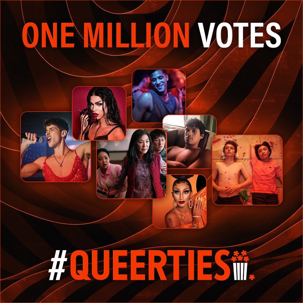 Queerty's tweet photo. 1 week down, 1 million votes! Thanks to all of you, we’ve passed ONE MILLION votes today, making this our biggest &amp; buzziest #Queerties yet. Let’s see if we can get to TWO MILLION - you can vote once a day until voting closes on Feb 21st! 🏳️‍🌈🏆🍿 https://t.co/ZIiVr2L36U https://t.co/FhX9A2esgh