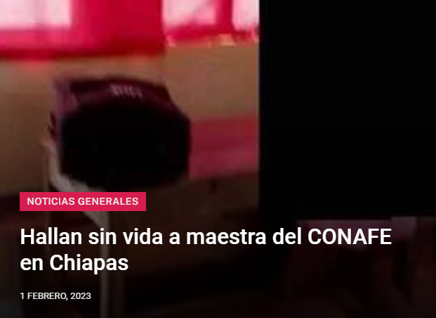 ForoCoatza's tweet image. Hallan sin vida a maestra del #CONAFE en #Chiapas
forocoatza.com/noticias_gener…