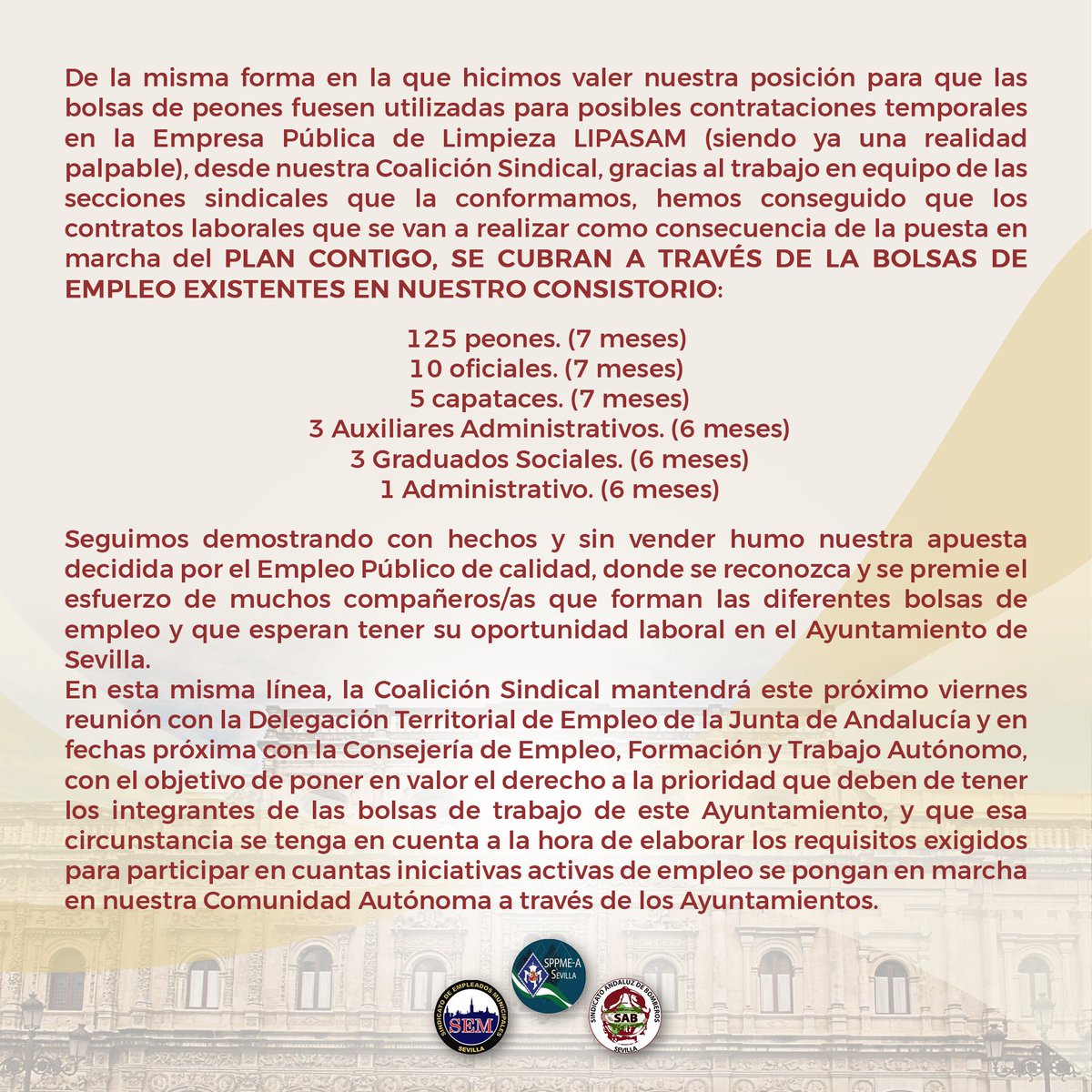 🚨Información importante🚨

La coalición sindical <a href="/SEMaytodSevilla/">SEM. SINDICATO DE EMPLEADOS MUNICIPALES</a> <a href="/SppmeaSevilla/">SPPME-A SEVILLA</a>  y <a href="/SAB_Sevilla/">Sind. And. Bomberos</a> exige, que se prioricen los llamamientos a las bolsas de empleo municipales en contrataciones necesarias para el desarrollo de planes de empleo.

⬇️ Lee aquí el resto y comparte !