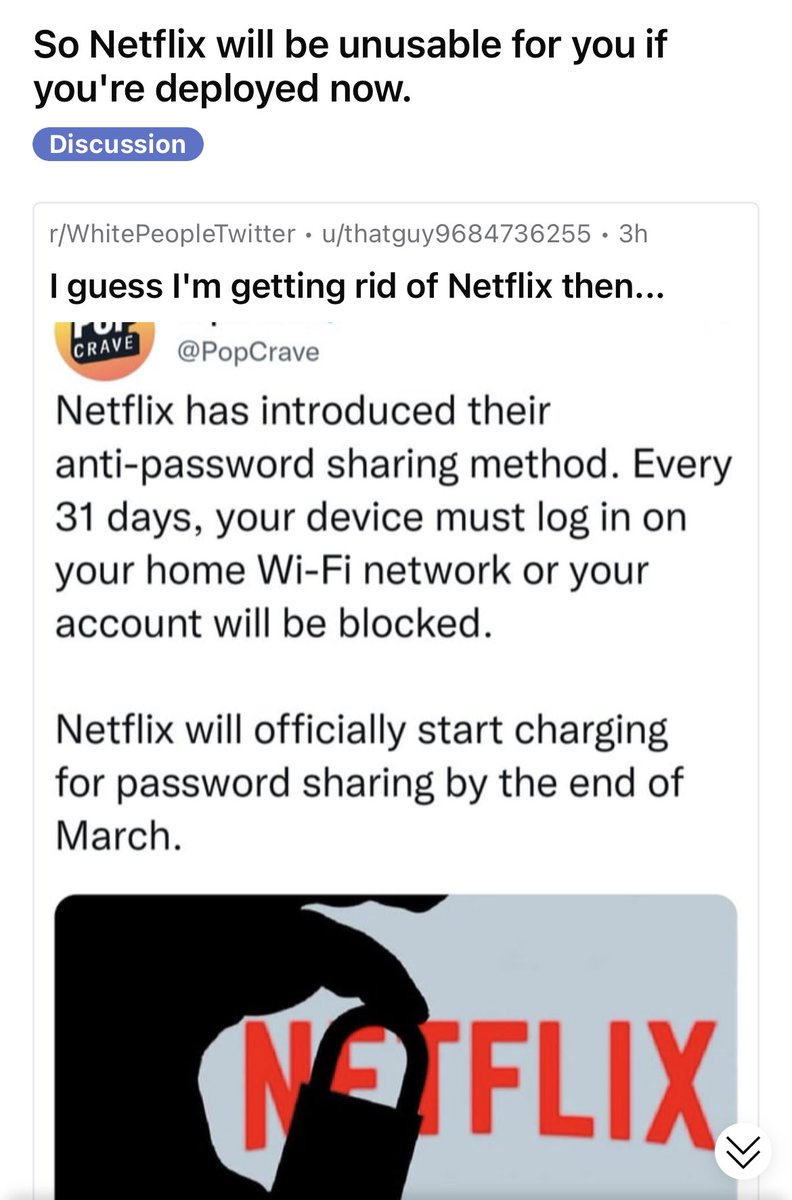 JolynnHatch's tweet photo. I didn’t even think of this!! 
What are you going to do for military members that deploy @netflix ??? https://t.co/kyifwwaWKW