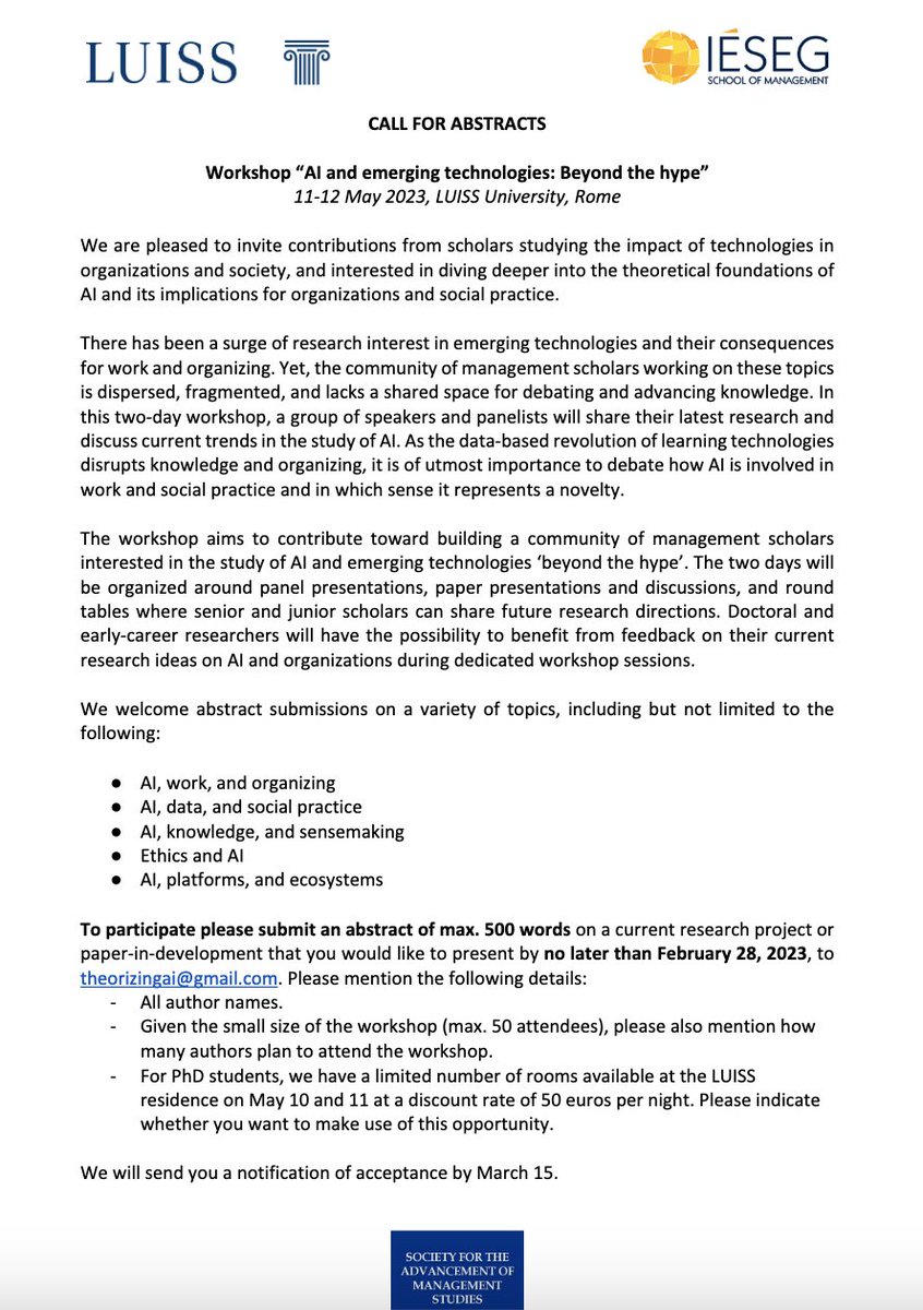 🚨 CALL FOR ABSTRACTS ALERT 🚨
If you are interested in diving deeper into the theoretical foundations of #AI and its implications you cannot miss the upcoming workshop on AI and emerging technologies 
📍@UniLUISS in Rome
📅 11-12 of May 2023
#TheorizingAI  #BeyondtheHype