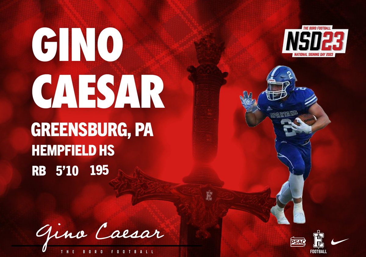 EdinboroFB's tweet photo. Welcome to #THEBORO!

Running Back Gino Caesar (@caesar_gino) !

🏫 Hempfield High School

📍 Greensburg, PA

📽 https://t.co/uz1oMJMvlD

#NationalSigningDay2023 https://t.co/5l9jOZEBjq