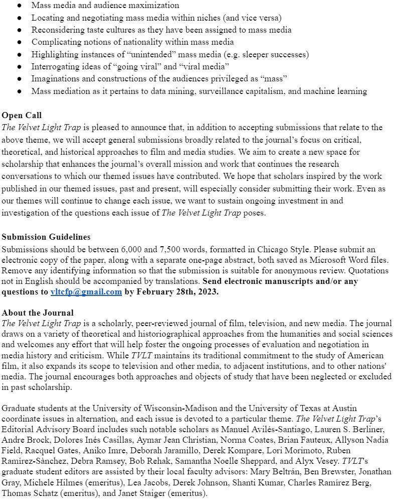 🚨Deadline EXTENDED!🚨

CALL FOR PAPERS: The Velvet Light Trap 93 – "Reconsidering Mass Media."

See CFP below for more details. Now accepting open call submissions as well! 

Submissions due February 28, 2023! 

#CallForPapers 

docs.google.com/document/d/1cl…