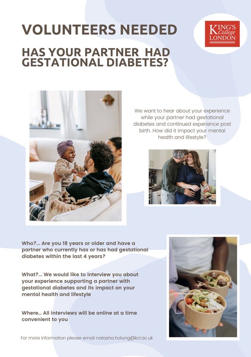 Dr Madeleine Benton (@maddy_benton) on Twitter photo We are still looking for fathers to talk to about their experience of living with a partner who had gestational diabetes! If this is you we would love to talk. 📧 natasha.hotung@kcl.ac.uk to get involved! We are still looking for fathers to talk to about their experience of living with a partner who had gestational diabetes! If this is you we would love to talk. 📧 natasha.hotung@kcl.ac.uk to get involved!