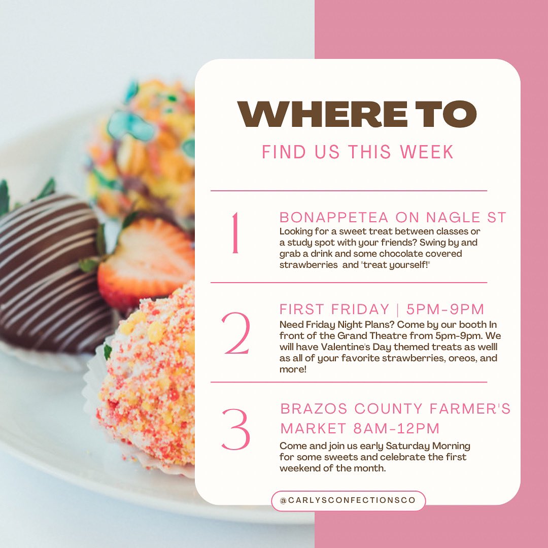 Howdy Ags! We heard you’ve been asking and we listened, we will be at these locations/events this week *weather permitting*. Come out and get some sweets with your besties this weekend 🍓