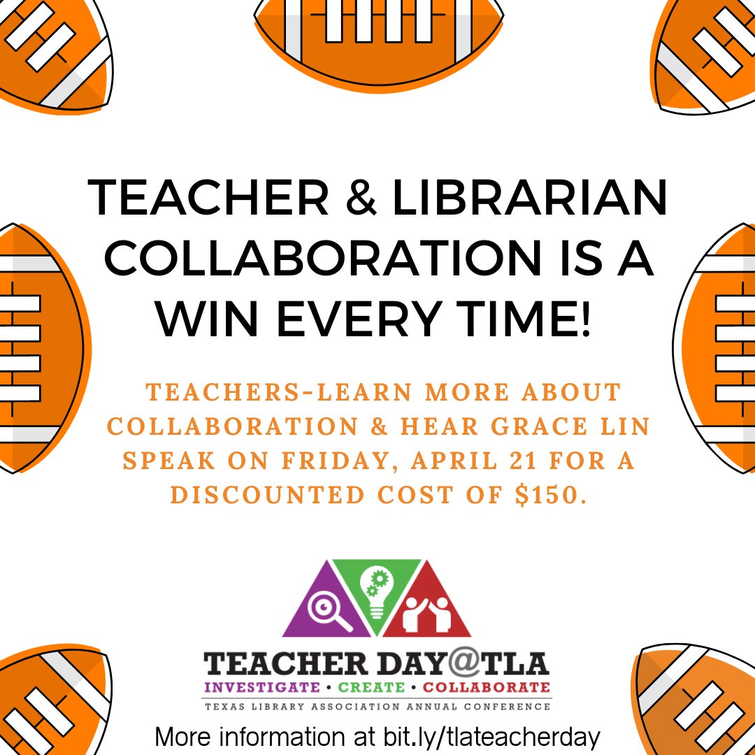 TeacherDayTLA1's tweet photo. Teacher & Librarian Collaboration is a WIN every time! #collaborationforthewin Come learn more about collaboration at #TeacherDayTLA Don't miss this event! @TxASL @TXLA #txlachat Apply at https://t.co/67bJGx3tZo https://t.co/Sgk16fdAff