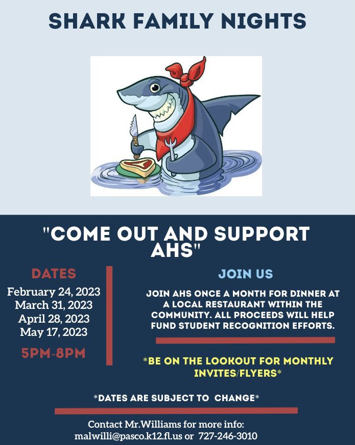AncloteSharks's tweet photo. NEW TRADITION AT THE ‘CLOTE!

Come out and be apart of our Shark Family Nights!

DATE:  Our first “Shark Family Night” will be February 24Th, 2023

TIME: 5PM -8PM

LOCATION:  Grain and Berry (Trinity)
3236 Redeemer Way,  New Port Richey, FL 34655

#SupportAHS https://t.co/WuA3jqJutT