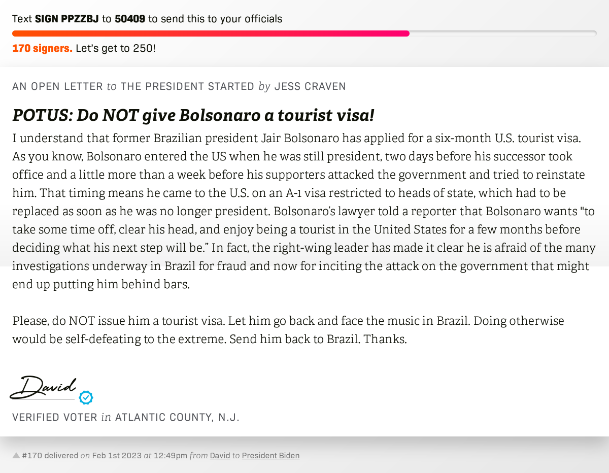 openletterbot's tweet photo. 🖋 Sign POTUS: Do NOT give Bolsonaro a tourist visa! and I'll deliver a copy to your officials: https://t.co/R3AbG72dF8 📨 No. 170 is from David to @POTUS #NJ2 #NJpolitics https://t.co/Sdn3wLUEVd