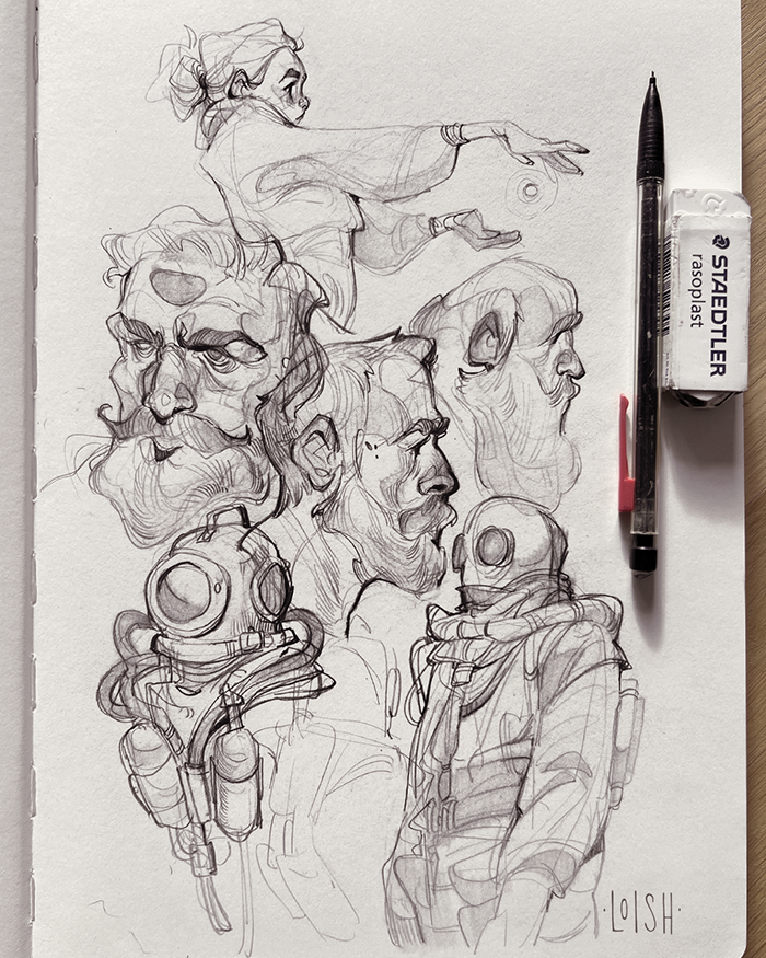 Some loose sketches from my sketchbook ~ space and diving suit themed! 