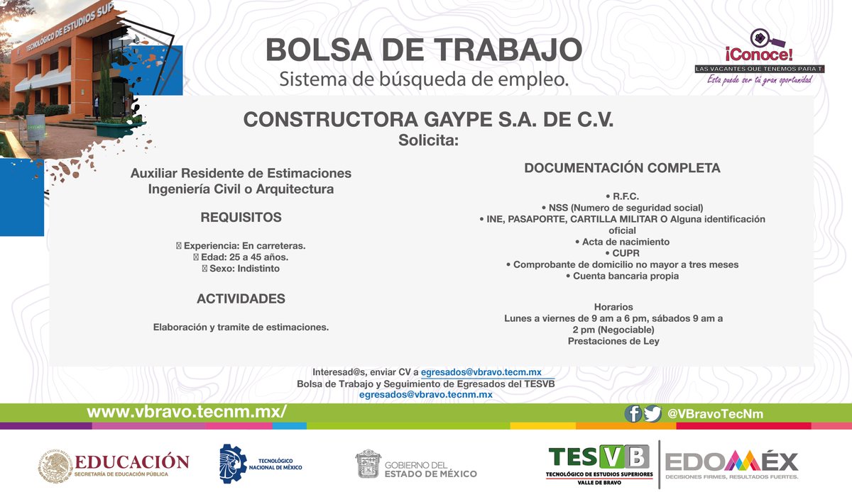 VBravoTecNm's tweet photo. #TESVB #BolsaDeTrabajo #EgresadosTesvb Interesados en la vacante enviar C.V. completo al correo electrónico egresados@vbravo.tecnm.mx vigencia 1 de febrero a 28 de febrero de 2023 https://t.co/z1NKwTHc0e